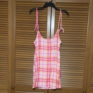 NWT No Comment Plus NYLA Pink Orange Plaid Bodycon Spaghetti Strap Mini Dress 3X